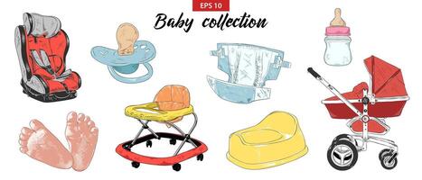 graviert Illustration zum Poster, Dekoration. Hand gezeichnet Baby Kind skizzieren einstellen von Nippel, Baby Wagen, Auto Sitz, Töpfchen, Füße, Gehhilfe isoliert auf Weiß Hintergrund. detailliert Radierung Zeichnung. vektor