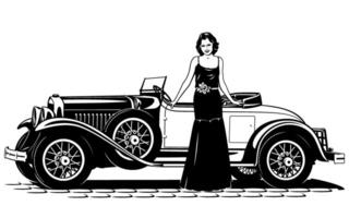 Söt flicka i lång klänning stående nära årgång bil. svart och vit illustration isolerat på vit. vektor
