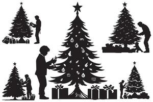uppsättning av ny år, jul träd med gåvor silhuett design isolerat vektor