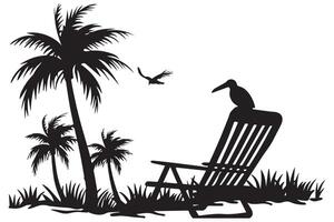 Sommer- Szene mit ein Strand Stuhl mit klein Palme Bäume, und Sunbird Strand Zeit, Sommer- Ferien schwarz Silhouette Weiß Hintergrund vektor