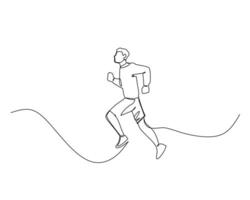 kontinuerlig enda linje teckning av sida se av en ung man var löpning snabb på ett uppför väg. friska sport Träning begrepp. design illustration vektor