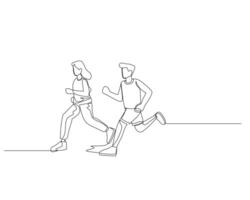 kontinuierlich Single Linie Zeichnung von jung Mann und Frau Joggen zusammen auf ein Gerade Schiene. gesund Sport Ausbildung Konzept. Design Illustration vektor