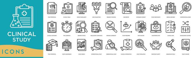 klinisch Studie Symbol Linie. Studie Protokoll, klinisch Versuche, geduldig Einschreibung, Daten Sammlung, Forschung Ergebnisse, Fall Bericht, informiert Zustimmung, Studie Teilnehmer, medizinisch Aufzeichnung vektor