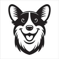hund logotyp - en pembroke welsh corgi Lycklig ansikte illustration i svart och vit vektor