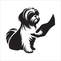 en shih tzu hund med en mamma hand illustration i svart och vit vektor