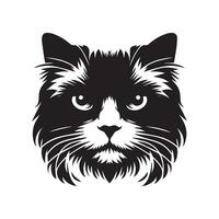 katt ansikte - intensiv ragdoll katt ansikte illustration i svart och vit vektor
