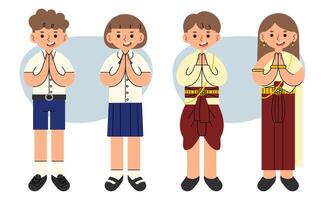 thailändisch traditionell Kostüm und thailändisch Schule Uniform süß auf ein Weiß Hintergrund, Illustration. vektor