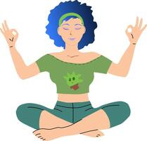 yoga flicka med kort blå hår och grön t-shirt i meditativ utgör. illustration flicka är engagerad i henne tecknad serie utan stroke och stroke. de vapen är Uppfostrad och de tummen med de index vektor