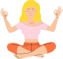 glamourös blond Frau im Meditation Pose. Orange Unterseite und Rosa oben. das Finger sind gefaltet im Platz von das Index Finger und Daumen. Illustration Yoga Mädchen mit geschlossen Augen im ein sitzend Lotus vektor