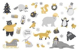 süß Tiere im Weihnachten einstellen mit Karikatur Elemente im eben Design. bündeln von festlich Baum, Waschbär, Igel, Kranz, Schneeflocken, Schneemann, Geschenk, Laterne, andere isoliert Aufkleber. Illustration. vektor