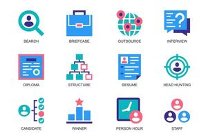 huvud jakt begrepp av webb ikoner uppsättning i enkel platt design. packa av Sök, portfölj, outsourca, intervju, diplom, strukturera, återuppta, headhunting, kandidat. piktogram för mobil app vektor