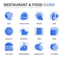 modern uppsättning restaurang och mat lutning platt ikoner för hemsida och mobil appar. innehåller sådan ikoner som snabb mat, meny, organisk frukt, kaffe bar. konceptuell Färg platt ikon. piktogram packa. vektor