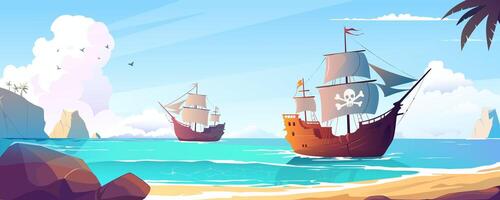 Pirat Schiffe im Meer Bucht Hintergrund Banner im Karikatur Design. tropisch Sand Strand Landschaft mit Steine, Palme Bäume, Ozean Küste und Korsar Segelboote mit Schädel Segel. Karikatur Illustration vektor