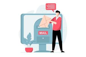 e-post service begrepp med människor scen i platt design. man sätter enorm kuvert i brevlåda och sändning ny brev använder sig av post klient på dator. illustration med karaktär situation för webb vektor