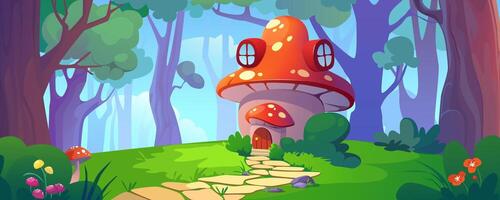 fantasi svamp hus bakgrund baner i tecknad serie design. gnome Hem med giftig amanita exteriör, flyga agaric stuga med väg till dörr i sommar skog träd. tecknad serie illustration vektor