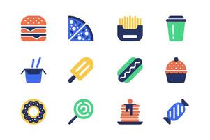snabb mat begrepp av webb ikoner uppsättning i enkel platt design. packa av hamburgare, pizza, pommes frites, dryck, wok spaghetti, is grädde, efterrätt, varm hund, cupcake, godis och Övrig. piktogram för mobil app vektor