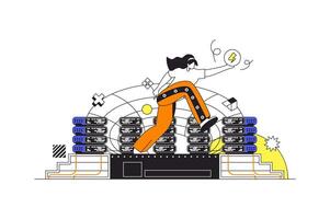 Daten Center Netz Konzept im eben Gliederung Design mit Charakter. Frau Ingenieur Arbeiten im Server Zimmer, pflegt und Kontrollen Performance von Hardware- auf Armaturenbrett, Menschen Szene. Illustration. vektor