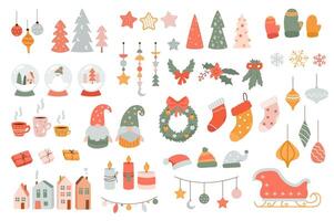 Lycklig ny år uppsättning med tecknad serie element i platt design. bunt av jul träd, stjärnor, dekorationer, vantar, girlander, järnek, snöflingor, kakao koppar, Övrig isolerat klistermärken. illustration. vektor