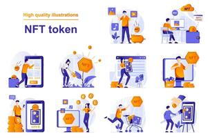 nft tecken webb begrepp med människor scener uppsättning i platt stil. bunt av icke svampbar tokens utställning, artister framställning crypto konst, uppkopplad auktion Galleri. illustration med karaktär design vektor