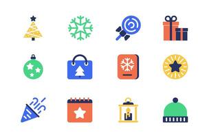 jul begrepp av webb ikoner uppsättning i enkel platt design. packa av träd, snöflinga, klubba, gåvor, boll, Semester handla, vykort, fyrverkeri, kalender och Övrig. piktogram för mobil app vektor