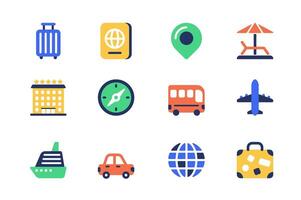 resa semester begrepp av webb ikoner uppsättning i enkel platt design. packa av bagage, pass, plats, strand avslappning, hotell, kompass, buss, flygplan, fartyg och Övrig. piktogram för mobil app vektor