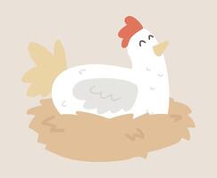 Lycklig kyckling sitter på ägg bo i platt design. fjäderfän bruka med söt höna. illustration isolerat. vektor