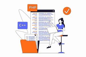 programmerare arbetssätt begrepp med människor scen i platt översikt design. kvinna arbetssätt med koda, optimerad, inställningar, testning och fixering buggar. illustration med linje karaktär situation för webb vektor