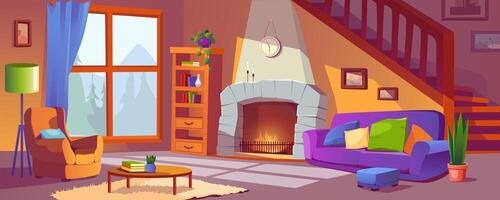 Leben Zimmer mit Kamin Hintergrund Banner im Karikatur Design. klassisch Zuhause Innere mit Sofa und Sessel, warm Feuer, Bücherregal, hölzern Leiter und Fenster, Zimmerpflanzen. Karikatur Illustration vektor