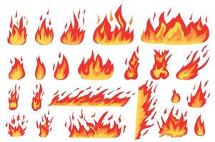 Verbrennung Feuer einstellen im Karikatur Design. bündeln von anders Typen von Flamme Auswirkungen im rot und Orange Farben, flammend Feuerbälle, Lauffeuer Grenze, Lagerfeuer andere isoliert eben Elemente. Illustration vektor