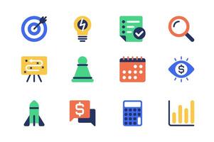 företag planera begrepp av webb ikoner uppsättning i enkel platt design. packa av mål, brainstorming, Sök, strategi, kalender, börja, pengar, kalkylator och Övrig. piktogram för mobil app vektor