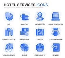 modern einstellen Hotel Bedienung Gradient eben Symbole zum Webseite und Handy, Mobiltelefon Anwendungen. enthält eine solche Symbole wie Restaurant, Zimmer Dienstleistungen, Rezeption. konzeptionelle Farbe eben Symbol. Piktogramm Pack. vektor