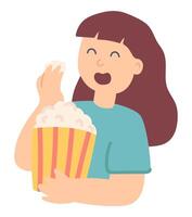 Lycklig flicka äter popcorn i platt design. festival snabb mat i hink. illustration isolerat. vektor