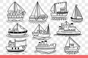 Schiffe und Boote Segeln auf Meer Wellen Tragen Waren oder liefern Touristen. Hand gezeichnet Gekritzel. vektor