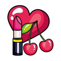 Lippenstift mit Kirschen und Herz-Pop-Art-Stil-Ikone vektor