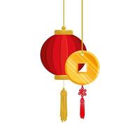 lykta med mynt gyllene kinesiska hängande isolerade ikon vektor