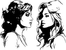 elegant svart och vit illustration av kvinnor med blommig hår Tillbehör vektor