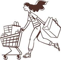 froh Einkaufen Spree, Frau Laufen mit Einkaufen Wagen und Taschen voll von Einkäufe vektor