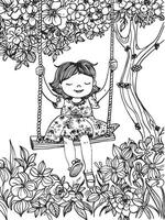 glad flicka svängande under blommande träd i lugn trädgård vektor