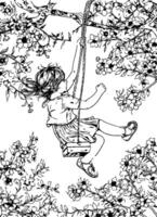 glad flicka svängande under blommande träd i lugn trädgård vektor