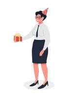 glücklicher büroangestellter mit halbflachem farbvektorcharakter des geschenks. Ganzkörper-Person auf weiß. Feiertagsfeier lokalisierte moderne Karikaturartillustration für Grafikdesign und Animation vektor