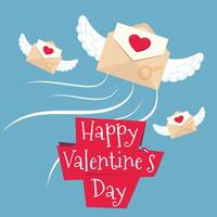Lycklig valentine kort. illustration med kuvert, ängel vingar, röd hjärtan. Semester sammansättning för hjärtans dag. vektor