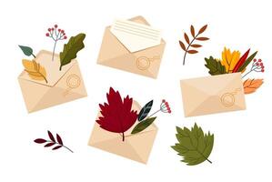 Umschläge einstellen mit schön Herbst Blätter und Briefe. vektor
