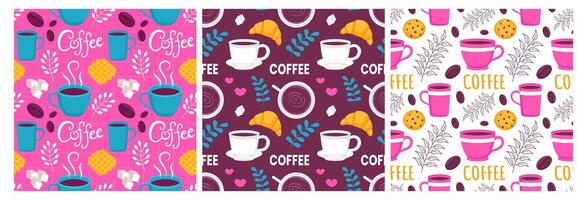 kaffe tid sömlös mönster design med kakao bönor, korn och kanna i tecknad serie platt illustration vektor