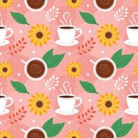 kaffe tid sömlös mönster design med kakao bönor, korn och kanna i tecknad serie platt illustration vektor