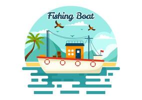 Angeln Boot Illustration mit Fischer Jagd Fisch mit Schiff beim Meer im eben Karikatur Hintergrund Design vektor
