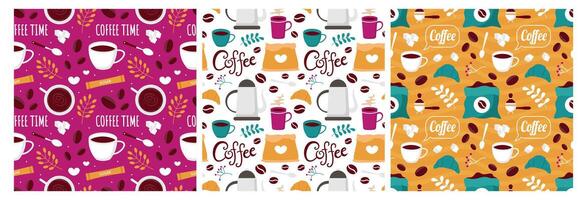 kaffe tid sömlös mönster design med kakao bönor, korn och kanna i tecknad serie platt illustration vektor