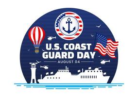 förenad stater kust vakt dag illustration på augusti 4 med amerikan vinka flagga och fartyg i nationell Semester platt tecknad serie bakgrund vektor