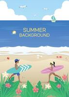 glücklich Sommer- Urlaub Ferien Hintergrund mit Ozean Sicht, Strand Landschaft oder das Aussicht von Schwimmen Schwimmbad vektor