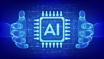 ai. artificiell intelligens. ai ikon tillverkad med binär koda i trådmodell händer. binär data och strömning digital koda bakgrund. matris bakgrund med siffror 1.0. illustration. vektor