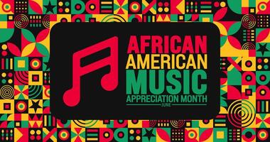 juni är afrikansk amerikan musik uppskattning månad eller svart musik månad bakgrund mall. Semester begrepp. använda sig av till bakgrund, baner, plakat, kort, och affisch design mall med text inskrift vektor